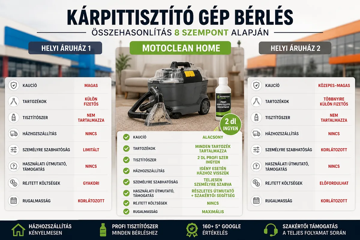 Kárpittisztító gép bérlés előtt érdemes összehasonlítani az ajánlatokat. Mutatjuk, mire figyelj, hogy valóban a legjobb megoldást válaszd.